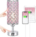 Hong-in Crystal Table Lamp, Pink Touch Lamp with USB C+A Ports, 3 Way Dimmable Bedroom Light with Crystal Shade, Bedside Nightstand Small Lamp for Girl Bedroom, Living Room(Buld Included)