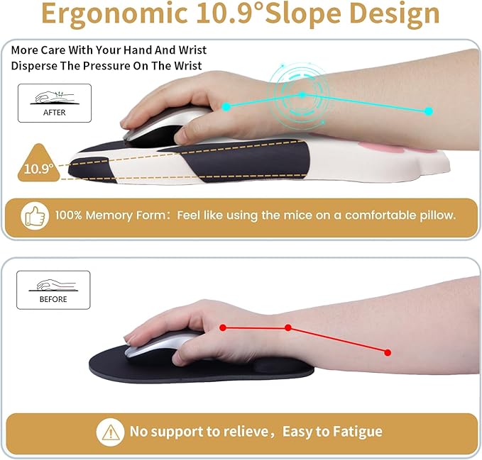 L-SPOUTTO Ergonomic Mouse Pad with Wrist Rest,Cute Cat Paw Mousepad Wrist Support,Comfortable Massage Design Computer Pain Relief Mouse Pad with Non-Slip PU Base for Desk Laptop Gaming,Cow