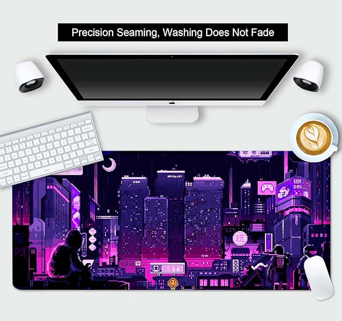 Purple Japanese Anime Large Gaming Mouse Pad for Desk, Retro Vaporwave Mousepad, Tokyo Street Pixel Art Desk Pads, Computer Mouse Pad XL Big, Skyline City Desk Mat, 35.4 x 15.7 in