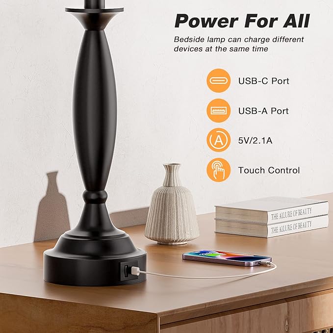 Seealle White Lamps for Bedrooms Set of 2 - Touch Control Bedside Lamp with USB C+A, 3 Way Dimmable Nightstand Lamps with USB Port, Table Lamp for Living Room(White Shade and Black Base)