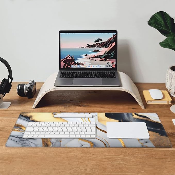 Desk Pad,Office Desk Mat 31.5"×11.8" Large Gaming Mouse Pad,Extended Computer Mouse Pad,Waterproof Thick Big Mouse Pads with Non-Slip Rubber Base Office Home Black White Gold Marble