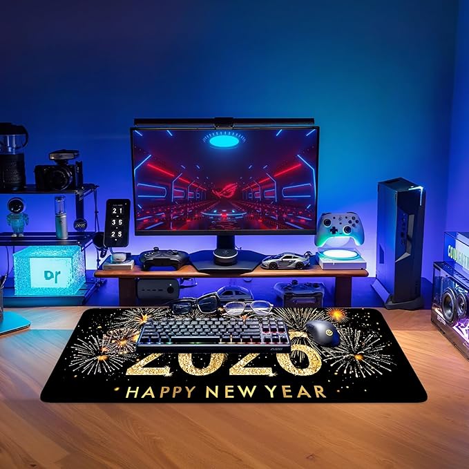 Happy New Year - 2026 Extended Gaming Mouse Pad 31.5x11.8inches Large Desk Mat Anti-Slip Rubber Base & Durable Stitched Edges for Gamers Smooth Mouse Writing Surface for Desk Office/Home