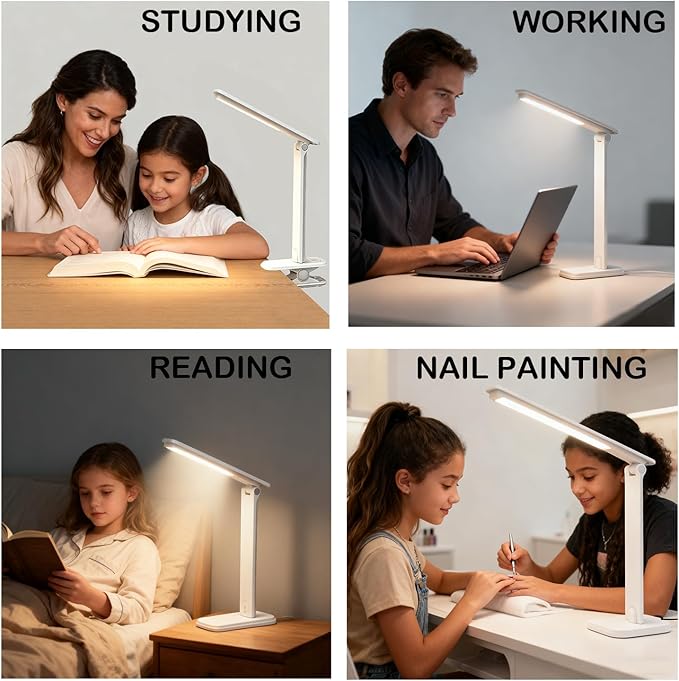 LED Desk Lamp Dimmable Table Lamp Reading Lamp with Changeable Clip & Base, 3 Brightness Dimmable Small Desk Lamp for Office Home, Desk Clip on Lamp for Bed Headboard, LED Desk Light Strip