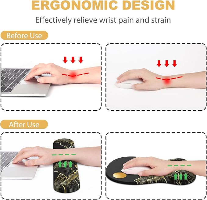 Ergonomic Mouse Pad with Wrist Rest and Keyboard Wrist Rest, Gel Mousepad and Wrist Rest for Computer Keyboard, Non-Slip PU Base, Black Mouse Pad with Wrist Support for Gaming, Mountain