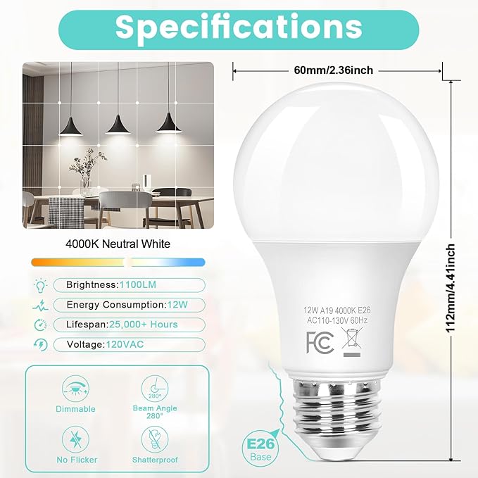 Brightever A19 Dimmable LED Bulbs, 100 Watt Equivalent Light Bulb, 12W Standard e26 Bulbs Neutral White 4000K, 1100 Lumens, Energy Efficient for Bedroom Living Room Home Office Lamp, 4-Pack
