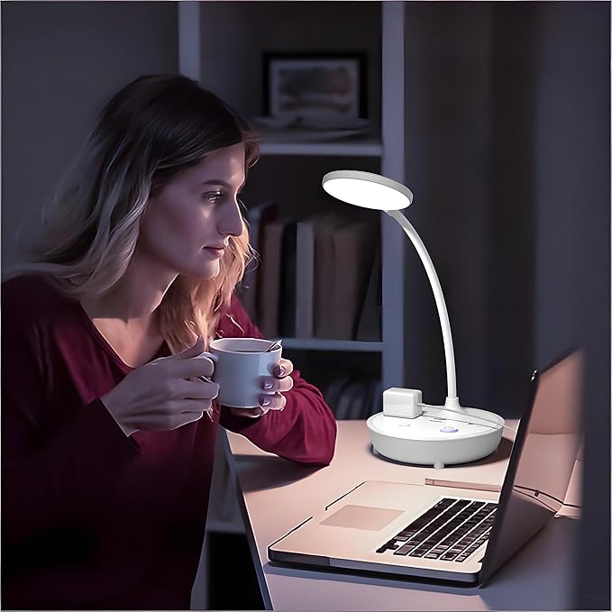 Bodun LED Desk Lamp with 2 USB Charging Port and 2 AC Power Outlet - Adjustable Gooseneck, 3 Level Brightness, Eye-Caring Small White Table Lamp for Home Office College Dorm Room Essentials