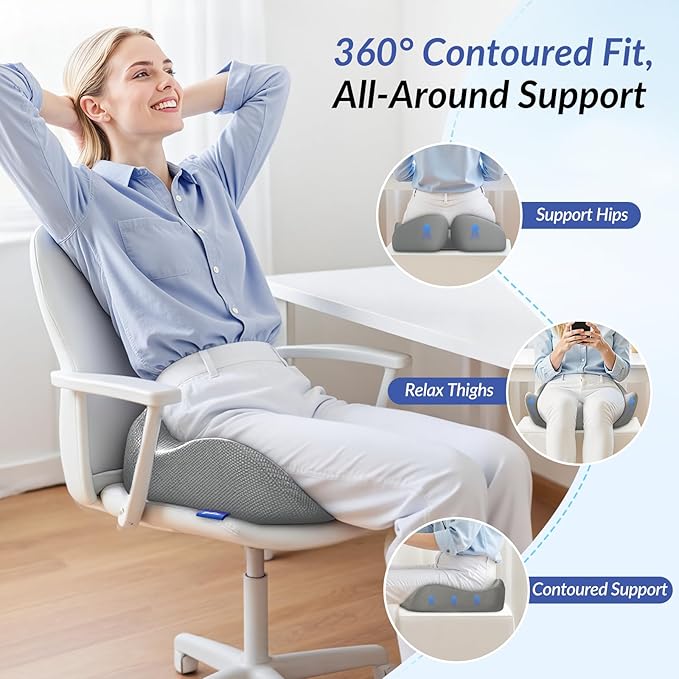 ZIKEE Pioneering Seat Cushion for Pressure Relief, Ergonomic Office Chair Cushion for Coccyx, Back & Lumbar Support, High-Density Memory Foam Car Seat Cushion with Anti-Slip Base