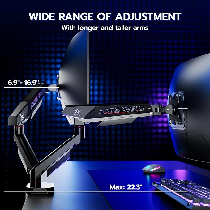 ARES WING Dual Monitor Arm for 17-35 Inch Flat Curved Ultrawide Screens Up to 26.5lbs, Fully Adjustable Dual Monitor Mount, C-Clamp & Grommet Base, 75/100 Vesa Mount, Black