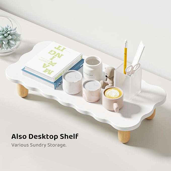 Monitor Stand Riser, Cookie-Shaped Sturdy Wood Computer Monitor Stand for Desk, Ergonomic Desk Stand, Multi-Purpose Desktop Organizer Riser for Computer, Laptop, Printer, TV, White