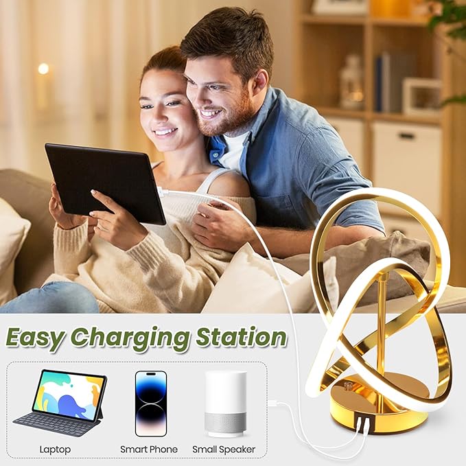 Modern LED Table Lamps, LED Spiral Table Lamp, 3 Color Dimmable Bedside Lamp, Touch Control Nightstand Lamp with USB/Type C for Bedroom, Small Gold Table Lamp for Home Decor Living Room Bedroom Office