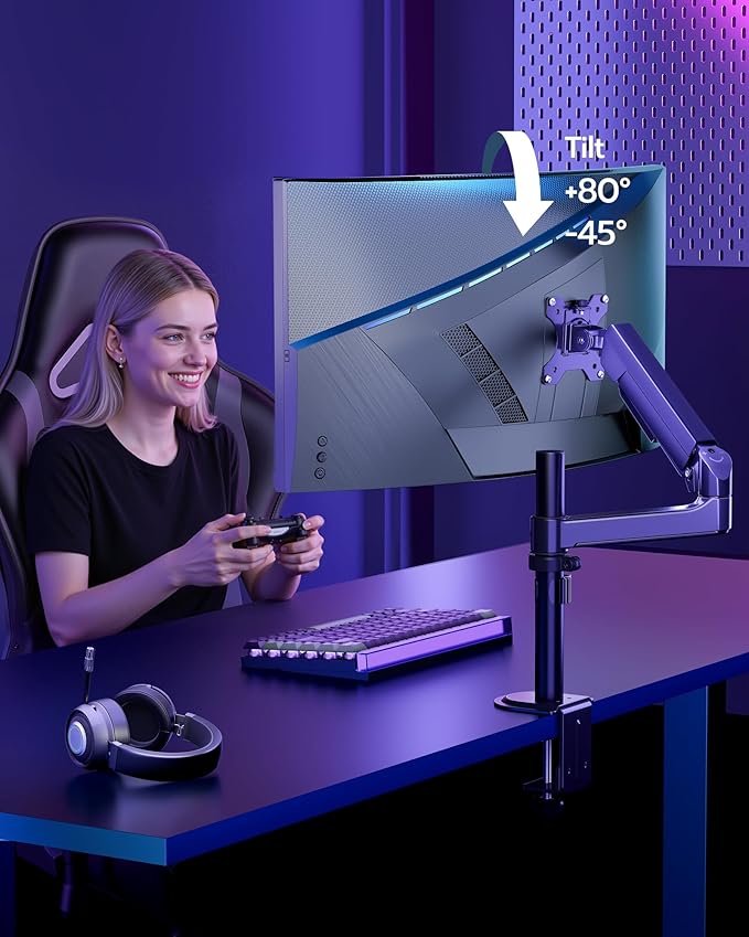 ARES WING Single Monitor Mount - Ultrawide Monitor Arm for 40 34 32 27 Inch Heavy Duty Curved Screen Up to 26.4 lbs with Clamp/Grommet Desk Mount, 75/100 Vesa Mount, Black
