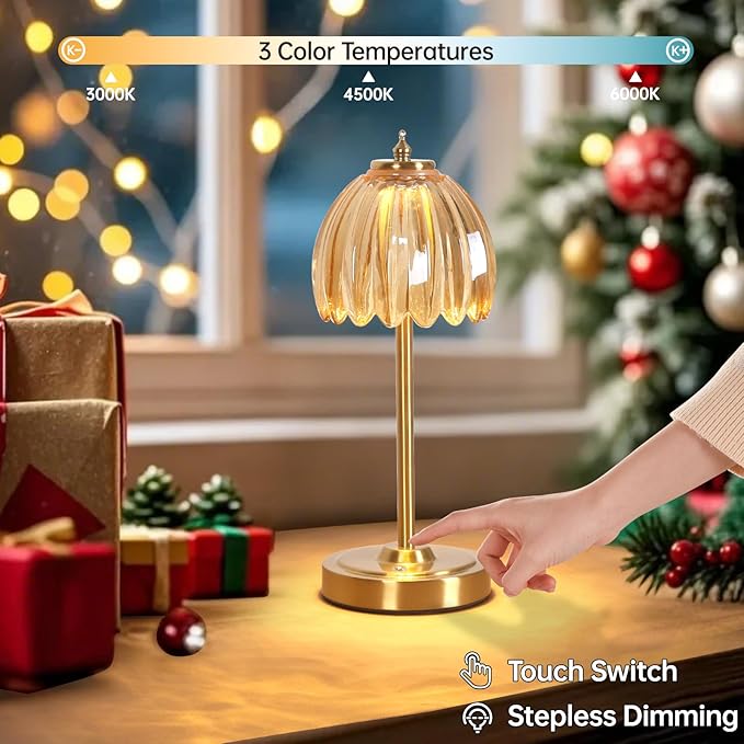 Set of 2 Tulip Table Lamp with 5000mAh Battery & Touch Control, Cordless Table Lamp with 3 Colors, Dimmable Rechargeable Table Lamps for Bedroom, Living Room, Entryways (Amber Tulip)