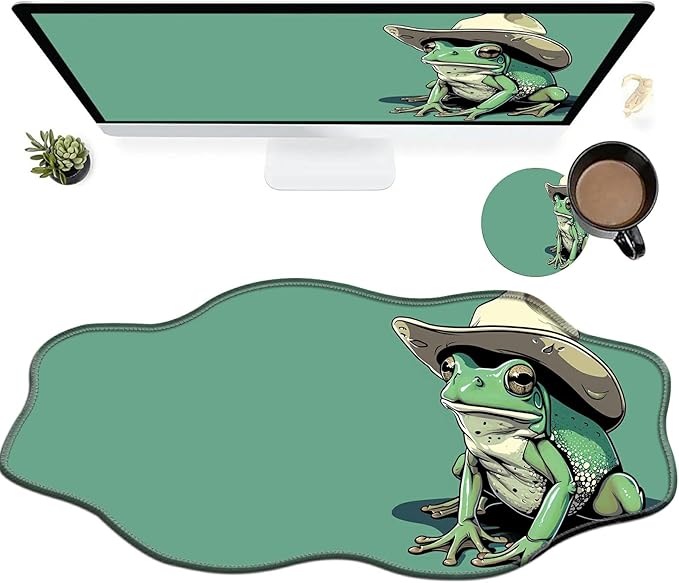 Green Frog Large Gaming Mouse Pad Plus a Coaster, 35.4 x 15.7 inches Desk Mat Extended XXL Mousepad with Stitched Edge Non-Slip Rubber, Desk Pad Computer Mouse Mat for Home Office