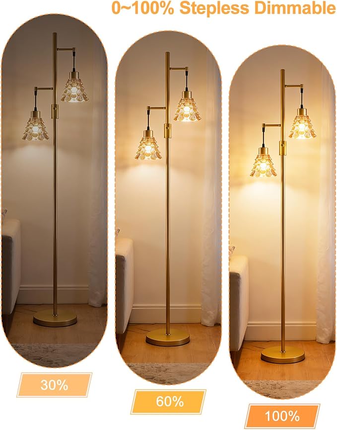 2-Light Modern Glass Floor Lamp, Gold Standing Lamp with Amber Shell Glass Shade, Dimmable LED Floor Lamp with Rotary Switch for Living Room Bedroom, Bulb Included