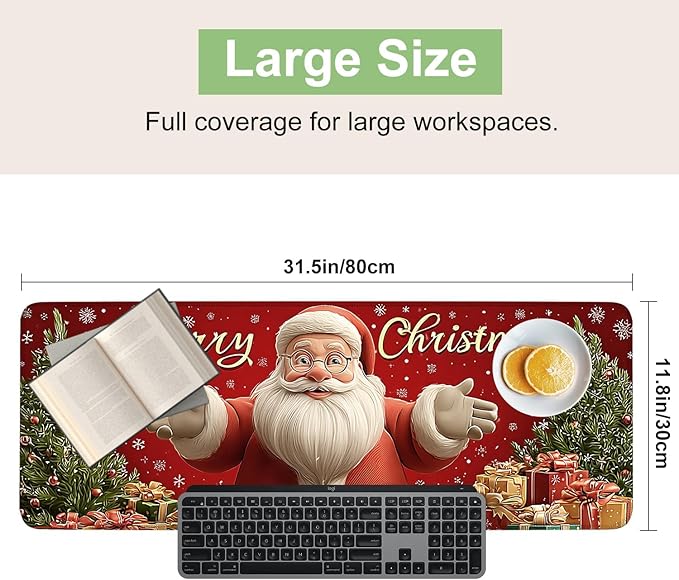 Desk Mat, XXL Extended Gaming Pad for Desktop, 31x12 Inches Jolly Santa with Tree, Large Non-Slip Vegan Leather Surface with Stitched Edges, Keyboard Mouse Mat for Home Office