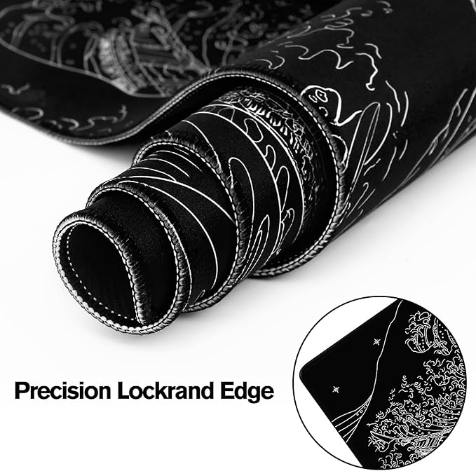 MEWOOCUE® Large Gaming Mouse Pad for Computer,Black Japanese Sea Wave Anime Mouse Mat,Long XXL Waterproof Keyboard Pads,Big Non-Slip Mouse Pads for Game Office Home（47.2 x 23.6 in）