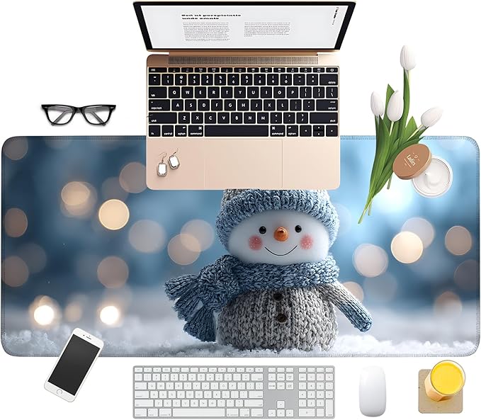 Christmas Snowman Extended Gaming Mouse Pad 35.4x15.7Inch Large Desk Mat Anti-Slip Rubber Base & Durable Stitched Edges for Gamers Smooth Mouse Writing Surface for Desk Office/Home