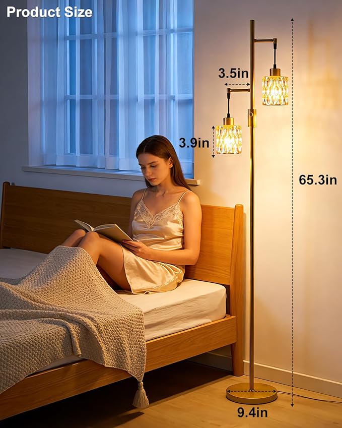2-Light Gold Floor Lamp, 65IN Tall Standing Lamps Dimmable with Amber Glass Lampshade, 3000K Warmwhite Mid Century Modern Floor Lamp for Living Room/Bedroom