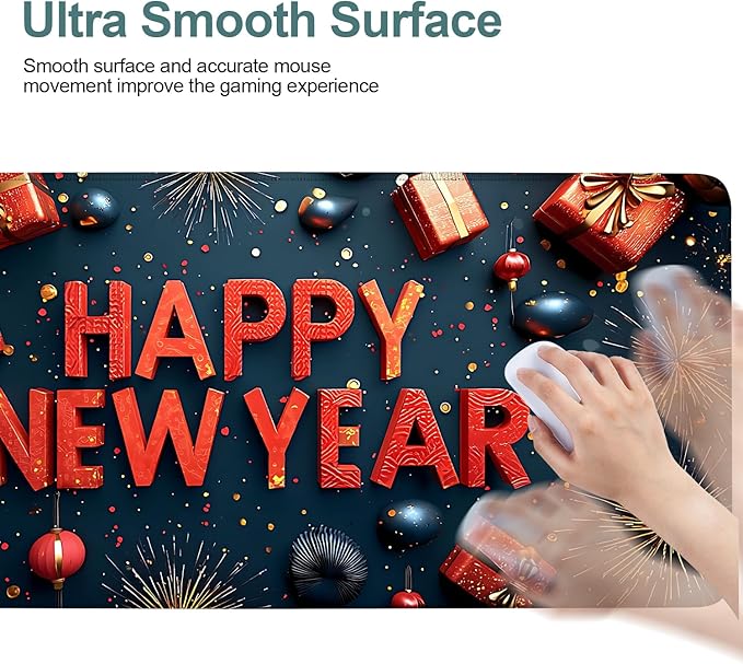 Happy New Year Extended Gaming Mouse Pad 35.4x15.7Inch Large Desk Mat Anti-Slip Rubber Base & Durable Stitched Edges for Gamers Smooth Mouse Writing Surface for Desk Office/Home