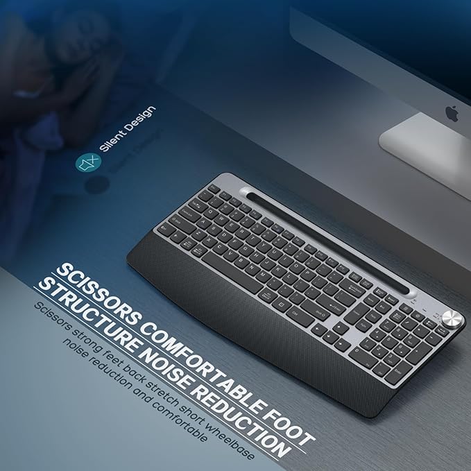 Ergonomic Wireless Keyboard with Wrist Rest-Low-Profile,Phone/Tablet Holder,Quiet Design，Windows & Mac OS，Full Size Cordless USB Computer Keyboard for Desktop,Laptop, PC, Mac, Windows-Black