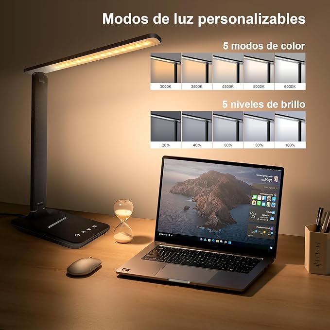 karidi LED Desk Lamp Dimmable Table Lamp with USB Charging Port, 5 Lighting Modes, Sensitive Control, Foldable Portable Desk Light for Home Office Bedroom Reading (Black, Standard Size - 13.3 inch)