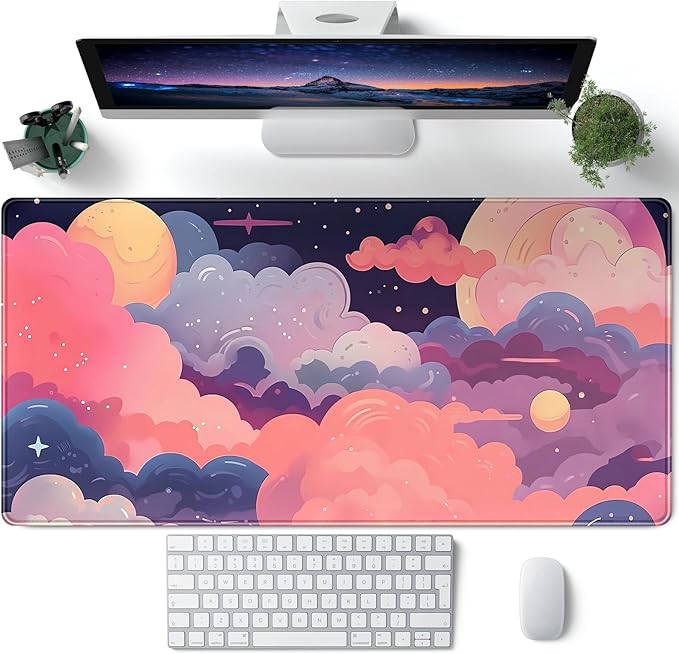 Cute Desk Mat Kawaii Clouds Pink Purple Desk Pad Anime XXL Large Mouse Pad Big Full Desk Gaming Mousepad Laptop Computer Keyboard Mouse Mat 31.5''X 15.7'' Cute Desk Decor Accessories