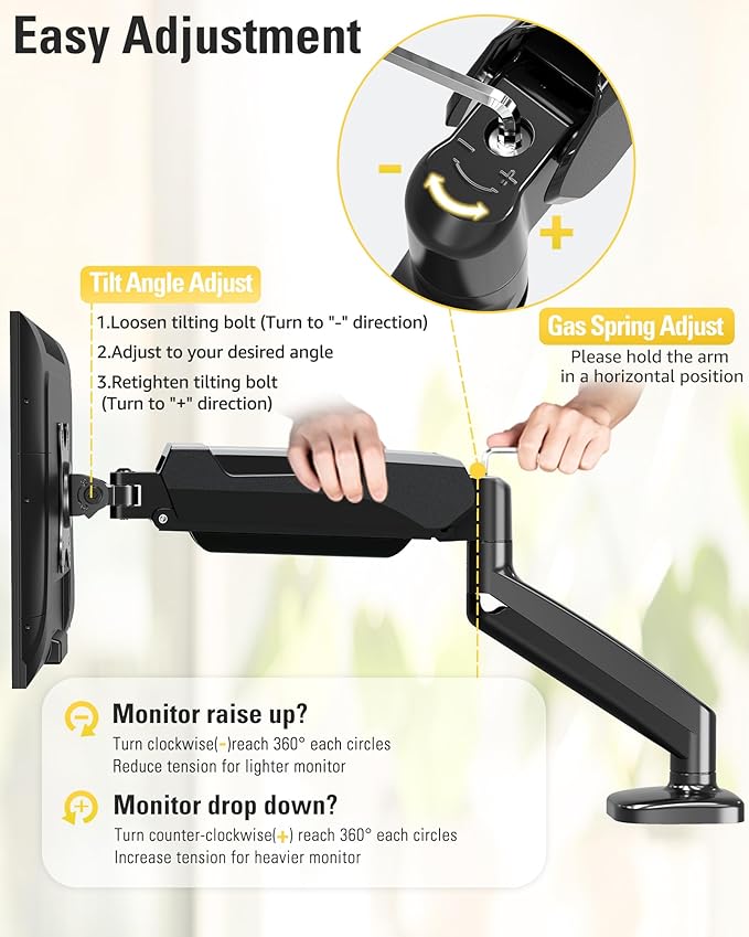 Single Monitor Mount, Gas Spring Monitor Arm for 17-32 Inch Computer Screens, Adjustable Monitors Stand for Desk, 75x75/100x100mm VESA Mount, with Clamp and Grommet Base, Holds 4.4-17.6lbs