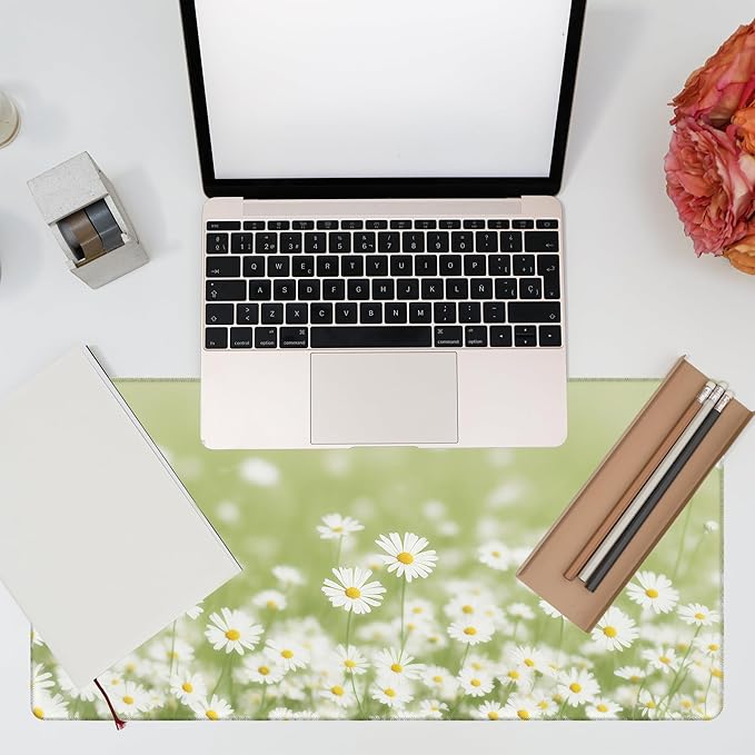 Desk Mat, Green Daisy Flowers Desk Pad, Chamomile Flowers Large Gaming Mouse Pad, 31.5"x15.7" Extended Big Computer Keyboard Mouse Pad with Non-Slip Base and Stitched Edge