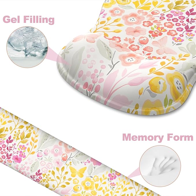 Ergonomic Mouse Pad with Wrist Rest and Keyboard Wrist Rest, Gel Mousepad and Wrist Rest for Computer Keyboard, Non-Slip PU Base, Mouse Pad Wrist Support for Gaming, Pink Yellow Flowers