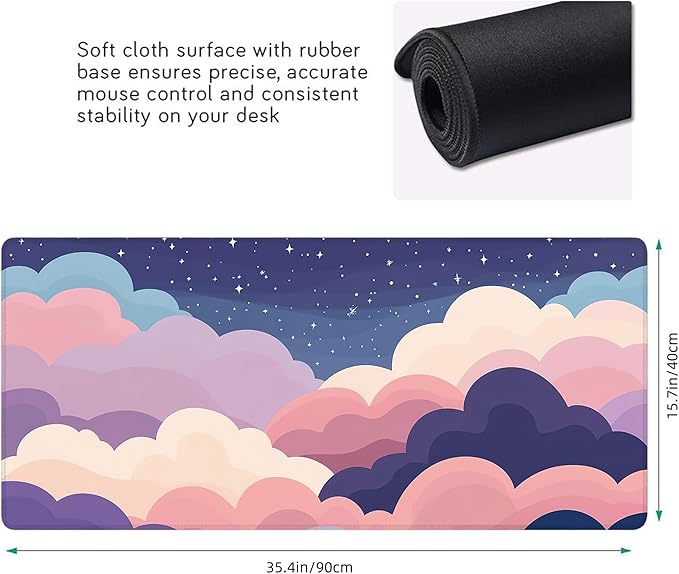 Desk Mat, Cute Colorful Clouds XXL 35.4"x15.7"Large Gaming Mouse Pad, 3mm Thick Gaming Keyboard Pad,Desk Pad Non-Slip Rubber Base with Stitched Edges for Office Game Home Decor