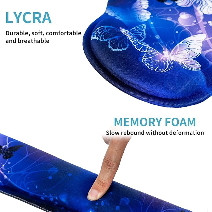 RICHEN Keyboard Wrist Rest and Mouse Pad with Wrist Support, Memory Foam Set for Gaming and Office, Comfortable & Lightweight for Easy Typing (White Butterflies)