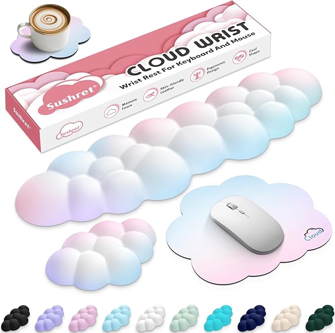 Cloud Wrist Rest for Computer Keyboard, 4-in-1 Memory Foam Leather Cloud Keyboard Wrist Rest and Mouse Pad Set with Ergonomic Support for Arm and Palm Cushion, Gaming/Work Setup, Rainbow
