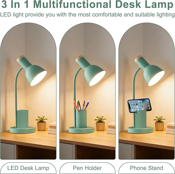 WLHONG LED Desk Lamp, Table Lamps with Pen Holder, 3 Color Modes Eye-Caring Reading Light with Flexible Gooseneck, Study Lamp for Kids Bedside Home Office Room College Dorm Essentials (Green)