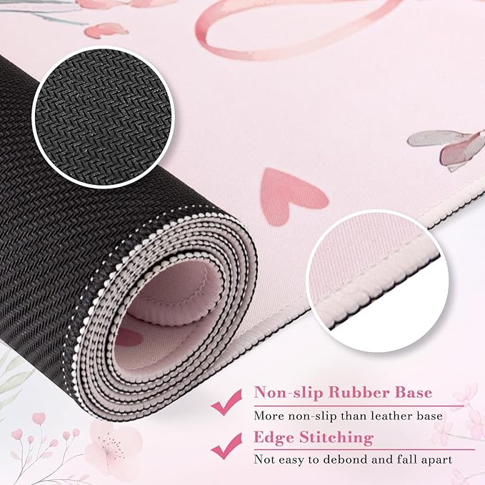 HAOCOO Pink Coquette Desk Mat for Keyboard and Mouse,Cute Floral Large Mouse Pad,Non-Slip Waterproof Desk Pad,Computer Mat with Edge Stitching for Office (Love Bow)
