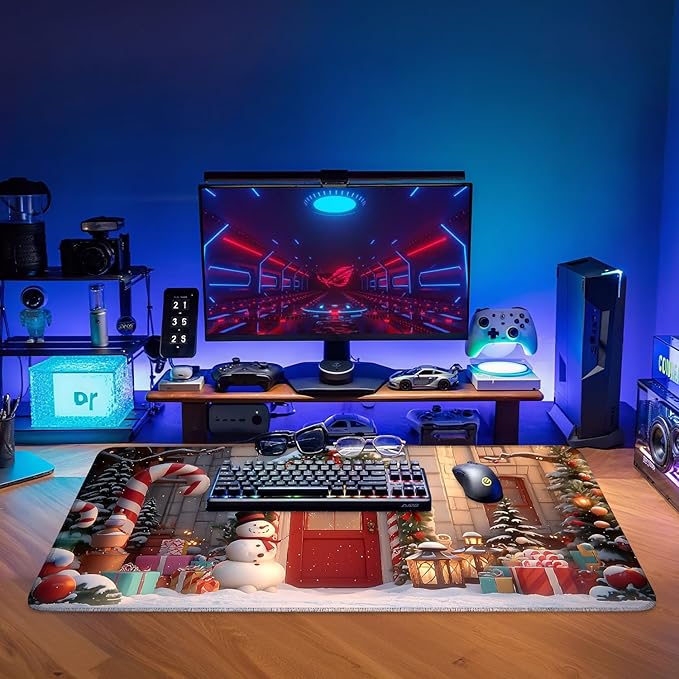 Christmas Scene Extended Gaming Mouse Pad 35.4x15.7Inch Large Desk Mat Anti-Slip Rubber Base & Durable Stitched Edges for Gamers Smooth Mouse Writing Surface for Desk Office/Home