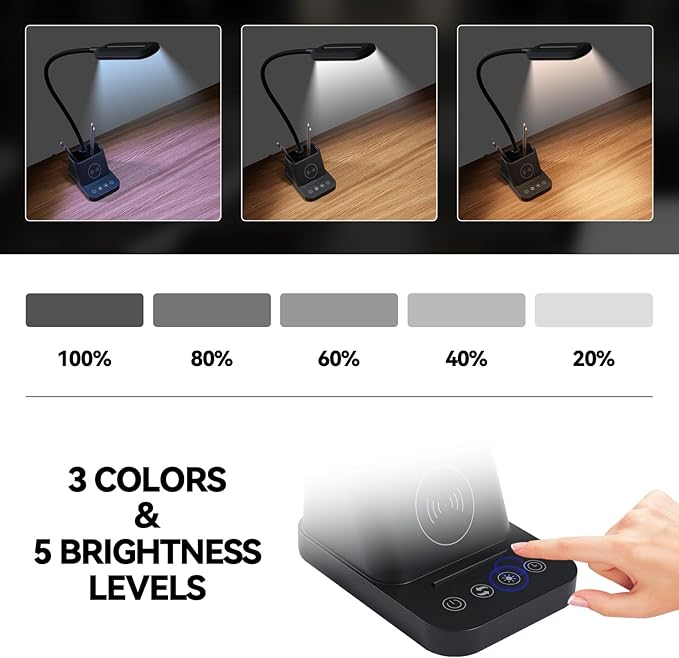AXX LED Desk Lamp for College Dorm Room with Wireless Charger, Reading Light for Home Office Bedroom, Small, Bright, Touch Control, Pen Holder, Phone Mount, Timer, Black