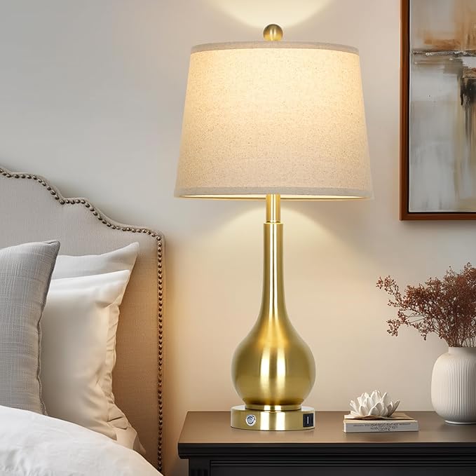 26" Gold Table Lamp for Living Room Single, Touch Control Bedside Lamp for Bedroom, 3-Way Dimmable End Table Lamp for Nightstand with USB Charging Port (1 Pack)