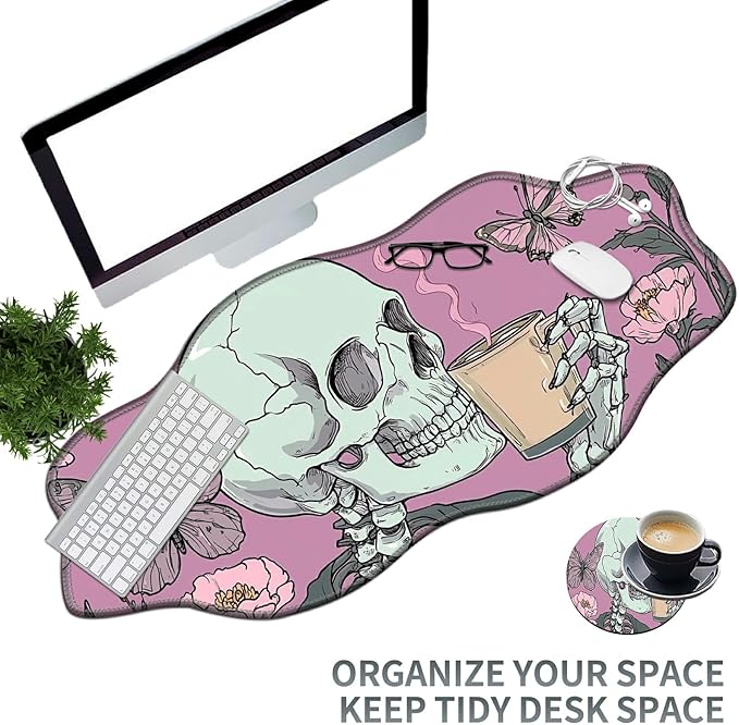 Skull Coffee Pink Large Gaming Mouse Pad Plus a Coaster, 35.4 x 15.7 inches Desk Mat Extended XXL Mousepad with Stitched Edge Non-Slip Rubber, Desk Pad Computer Mouse Mat for Home Office