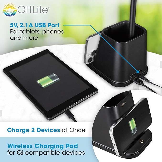 OttLite Merge LED Desk Lamp with Wireless Charging - ClearSun LED Technology, 3 Brightness Settings & Color Temperature Modes with Touch Activated Controls - Includes Storage Area for Desk Supplies