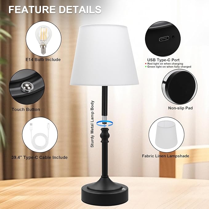2 Pack Rechargeable Cordless Table Lamp, 5000mAh Battery Operated Lamps, Wireless 3-Level Dimmable Touch Lamp, Portable Night Bedside Brass Lamp, Desk Light for Patio Restaurant Dinnin (Black)
