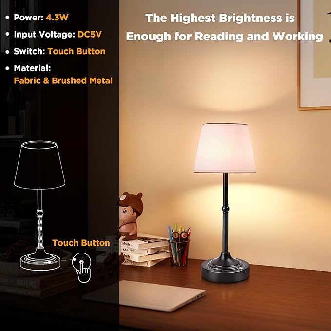 LUTEC 2 Pack Cordless Table Lamp, Battery Operated Lamp with 3 Color Temps and Stepless Dimming, 5200mAh Portable Rechargeable Table Lamp for Restaurant/Bedroom/Bars/Outdoor (Black)