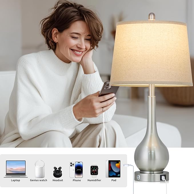 26" Silver Table Lamps Set of 2 for Living Room, Touch Control Bedside Lamp with USB Charging Ports, 3-Way Dimmable Brushed Nickel Bedroom Lamps for Nightstand (2 LED Bulbs Included)