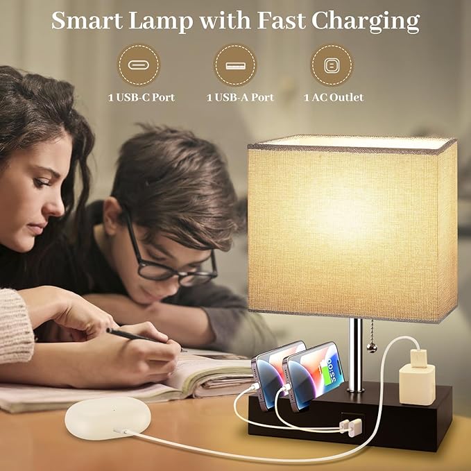Smart RGB Dimmable Table Lamp Work with Alexa&APP&Remote Control, Bedside Desk Lamp with Charging Ports&Outlet&Phone Stand, Music Sync Nightstand Lamp for Bedroom Living Room Office Dorm