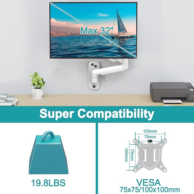 MOUNT PRO Single Monitor Wall Mount for 13 to 32 Inch Computer Screens, Height Adjustable Wall Mount Monitor Arm Holds Up to 19.8lbs, Full Motion Wall Bracket, VESA Mount 75x75, 100x100, White