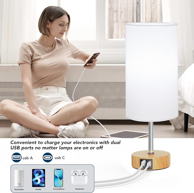 ROTTOGOON 12.8" Touch Control Table Lamp, 3-Way Dimmable Bedside Nightstand Lamp with 2 USB Ports, Modern Table Lamp with 5000K Daylight LED Bulb for Living Room (1 Pack)