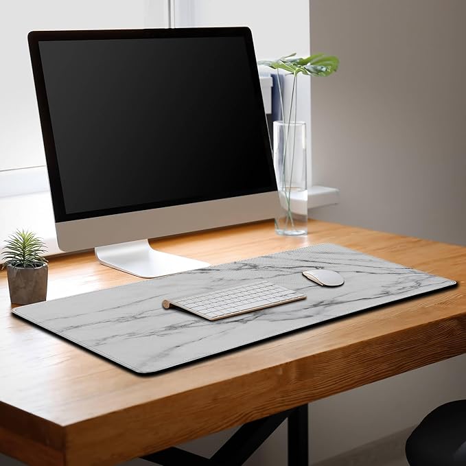Gaming Mousepad White Gray, Large Mousepad Office Desk Mats, Gaming Mouse Mat Non-Slip Rubber Base Waterproof with Stitched Edges, 35.4 X 15.7 inch for Work/Game/Office/Home Marble Texture