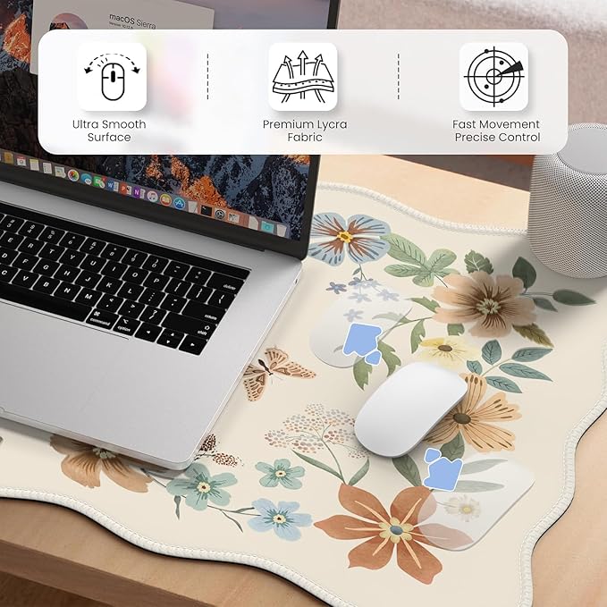 iCasso Desk Mat, Scalloped Desk Matt for Desktop, Cute XXL Large Mouse Pad, Anti-Slip Big Mousepad with Stitched Edges, Keyboard Pad Mouse Mat for Computer(Beige)