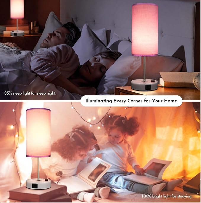 Bedside Table Lamp with USB Port - Touch Desk Lamp for Bedroom, 3 Way Dimmable Small Nightstand Lamp for Living Room, Bedroom Lamps for Room Decor, Purple