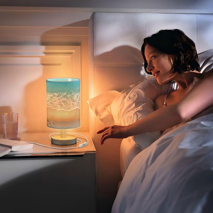 Seaside Beach Bedside Table Lamp for Bedroom Nightstand, Small Eye Care LED Desk Reading Lamp USB Port Wood Base Round Flaxen Fabric Shade for for Kids Room Living Room Office Desk