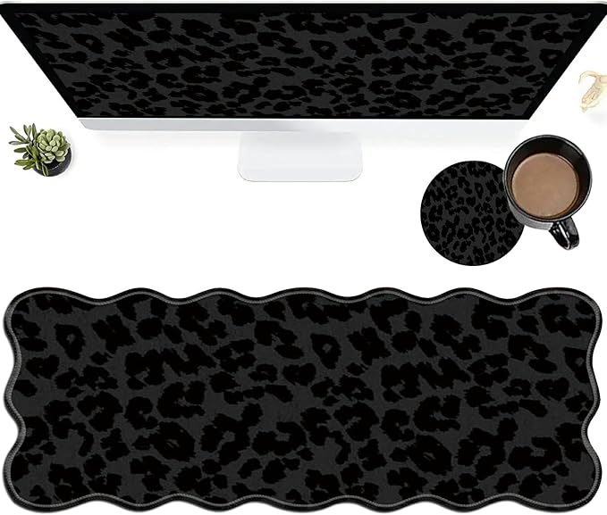 Black Leopards Large Gaming Mouse Pad Plus a Coaster, 31.5 x 11.8 inches Desk Mat Extended XL Mousepad with Stitched Edge Non-Slip Rubber, Desk Pad Computer Mouse Mat for Home Office